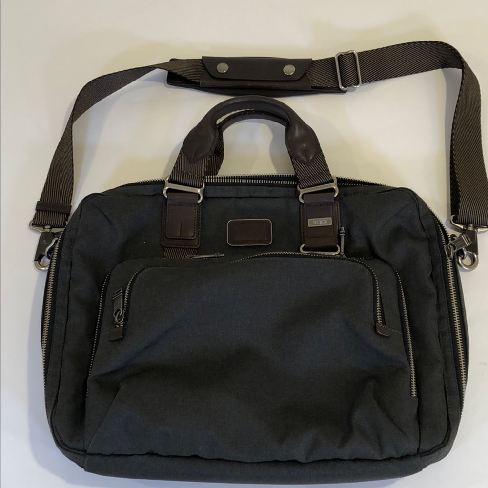 Tumi grey canvas brown leather laptop travel bag